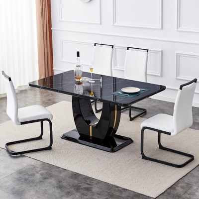 NicBex Dining Table Set for 4 Kitchen Table Black Marble Pattern MDF Dining Table Set with 4 PU Chairs C-tube Metal Legs