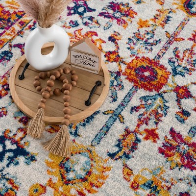 Ivory and Multicolor Floral Synthetic Rectangular Area Rug 5'3" x 7'3"