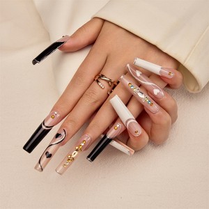 YEVYO Press on Nails Extra Long Coffin - French Rhinestone Bling Glossy for Women and Girls On Fake Nails - White - 10 Pcs - 1 of 4