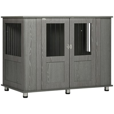 PawHut Dog Crate Furniture, Wooden End Table Furniture with Lockable Magnetic Doors, Extra Large Size Pet Kennel Indoor Animal Cage, Gray