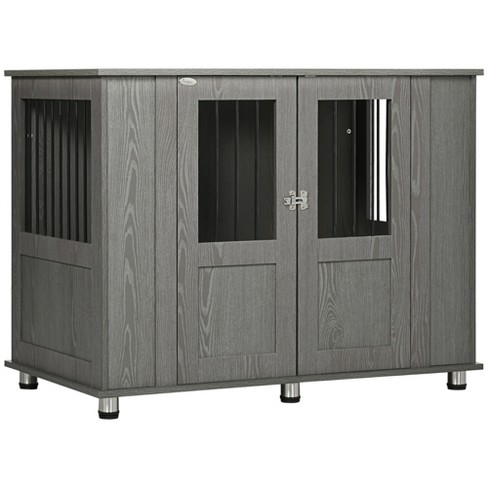 PawHut Dog Crate Furniture Wire Pet Cage Wooden Dog Kennel, End Table with  Double Doors, and Locks, for Medium and Large Dog House Indoor Use, gray