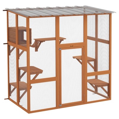 Pawhut Catio Outdoor Cat Enclosure Window Box Wooden Cat House W Weather Protection Roof For 2 Kitties With Resting Box Platforms Bridge Target