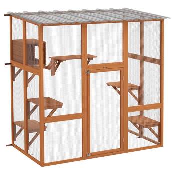 PawHut Catio, Outdoor Cat Enclosure Window Box Wooden Cat House w/ Weather Protection Roof for 2 Kitties with Resting Box, Platforms & Bridge