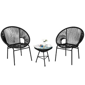 Costway 3PCS Patio Acapulco Furniture Bistro Set Plastic Rope Glass Table Black/Gray/Turquoise/White - 1 of 4