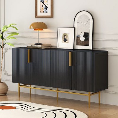 Kumasinova Modern 4-door Sideboard Cabinet with Gold Metal Handle, Adjustable Shelves Storage Cabinet, Wavy Stripe Buffet Cabinet for Dining Room