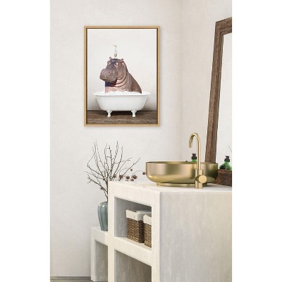 Whimsical Hippo and Bird in Bath Canvas Art