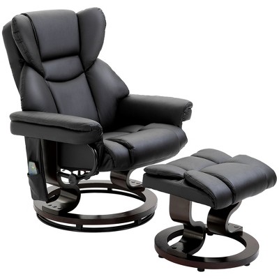 Black Faux Leather Massage Recliner with Ottoman and Metal Base