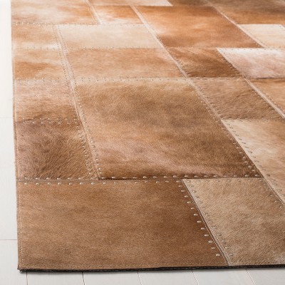 Beige Handwoven Leather Geometric Patchwork Rug