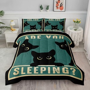 Boersma Cute Cat Bedding Queen Size Cartoon Comforter Set, Green Black Bedding , 1 Quilt 2 Pillowcases - 1 of 4