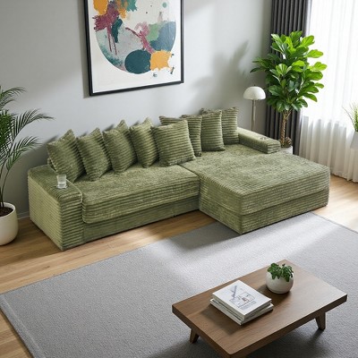 111.4" Corduroy L-Shaped Sectional Sofa with Armrest Cup Holder, Storage & Recliner