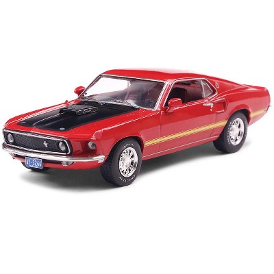 1969 Ford Mustang Mach 1 Calypso Coral Red with Black Hood and Yellow Stripes 1/43 Diecast Model Car by IXO Models