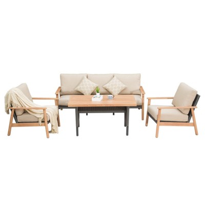 GlasFlength Patio Seating Set, 4 PCS Wicker, Beige with 2 Pillows, 77.72"*34.09"*31.89"