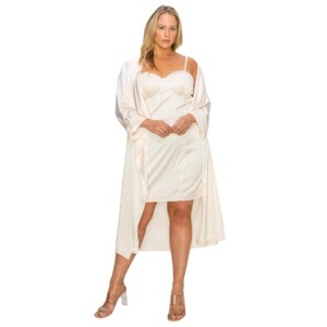 Slickblue Plus Size Satin 2-Piece Set, Strap Dress with Self-Belt Coat, Special Occasion Outfit, Cream, Size 1XL–3XL - 1 of 4