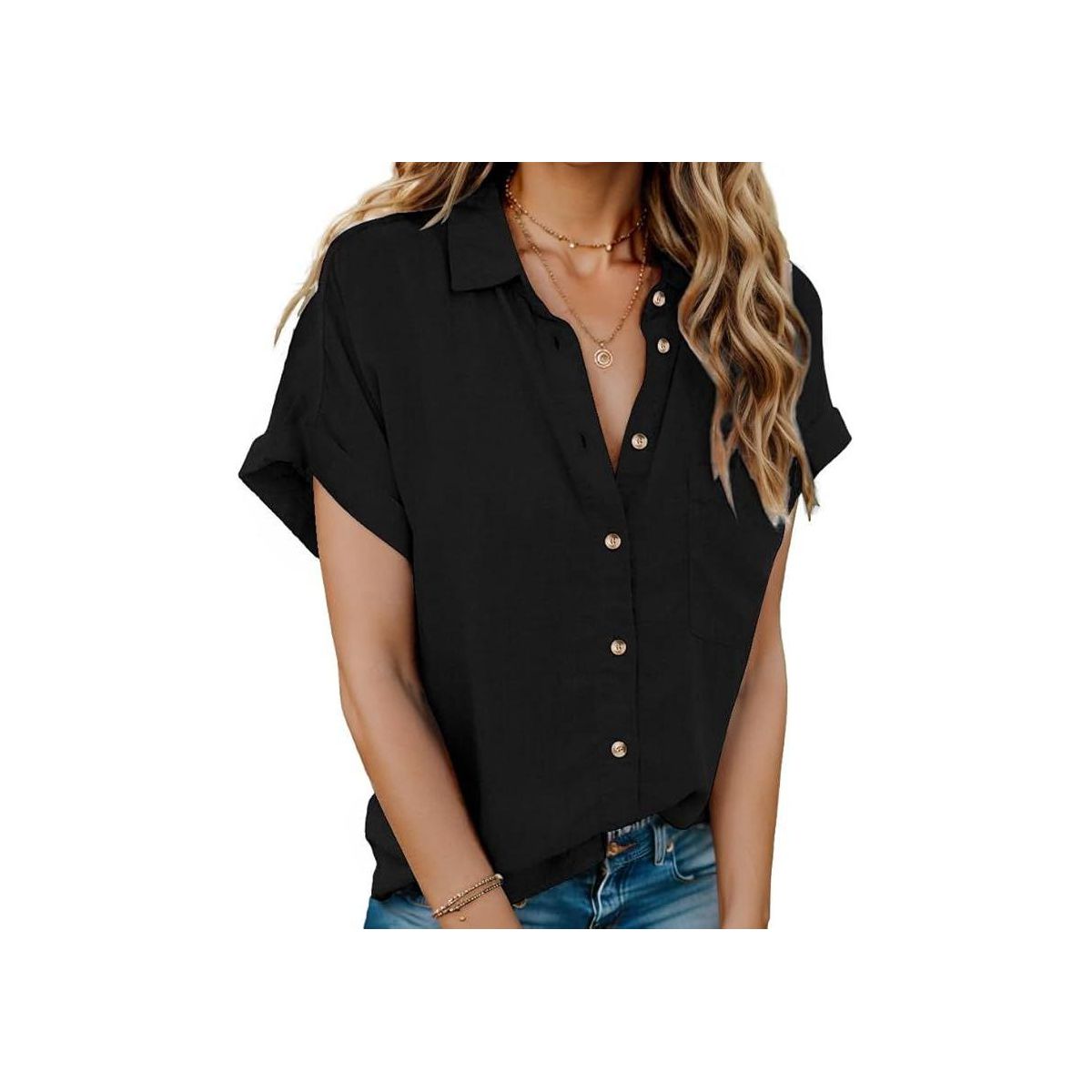 Zeagoo Women Linen Shirts Button Down Cotton Short Sleeve Blouses V Neck Collared Button-Up Gauze Tops