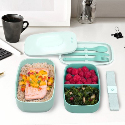 Aqua Stackable Bento Lunch Box with Built-in Utensils