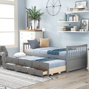 NicBex Twin Size Daybed Modern Wooden Bed Frame with 3 Storage Drawers, Trundle and Guardrails for Bedroom, Living Room, No Box Spring Required - 1 of 4