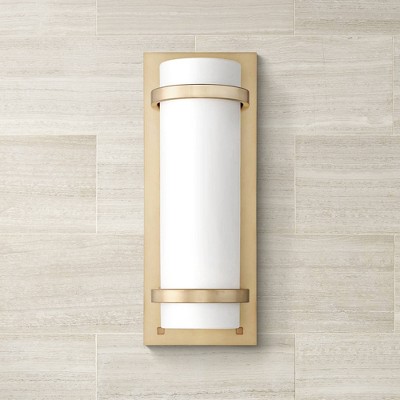 Honey Gold Cylinder Sconce with Etched Opal Glass, Direct Wired