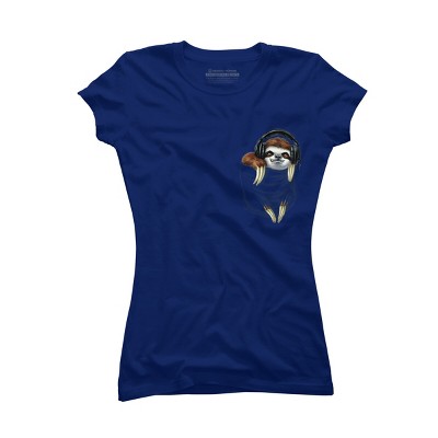 Junior's Design By Humans Little Pocket Sloth Jammin to My Heartbeats By MudgeStudios T-Shirt