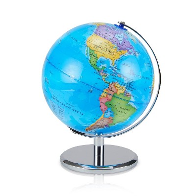 Next Level Stuff LED Illuminated Globe - 3-in-1 Educational STEM World Map with USB Switch Button - 9.5" Tall, Blue Globe with Chrome Stand