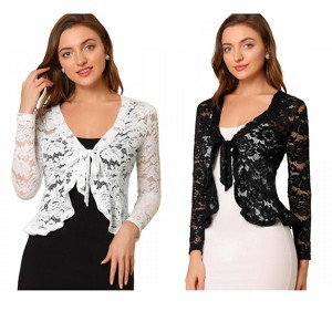 Allegra K Women's Tie Front Ruffled Hem Floral Lace Sheer Crop Bolero Shrug 2 Packs - 1 of 4