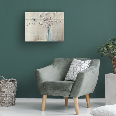 Cotton Bouquet Still Life Wood Slat Art in Beige and Blue