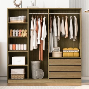 Doorless Wooden Storage Wardrobe For Dedroom With Shelves And 3 Drawers, Tall Armoire Closet With Hanging Rod, Clothing Storage-Cuddlewood - 1 of 4