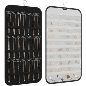 Double-Sided Hanging Jewelry Organizer with 40 Pockets & 36 Hooks, Wall Mounted Storage for Necklaces & Earrings, White Black and White - 1 of 4