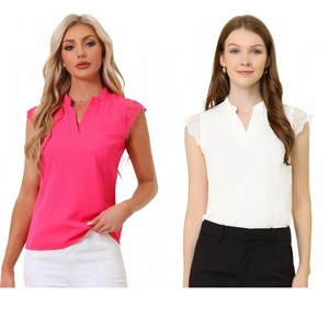 INSPIRE CHIC Women's Work Office V Neck Stand Collar Lace Cap Sleeve Basic Blouse 2 Pieces - 1 of 4