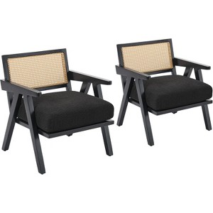 Mid-Century Farmhouse Accent Chair - Wood Armchair with Rattan Backrest & Removable Linen Cushion for Living Room, Bedroom - 1 of 4