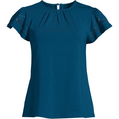 Lands' End Women's Lightweight Jersey Crew Neck Ruffle Sleeve Flowy Top