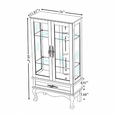 YOOCOZZ Lighted Glass Wine Curio Display Cabinet with Adjustable Glass Shelves 2 Doors 1 Drawer Bulb Included