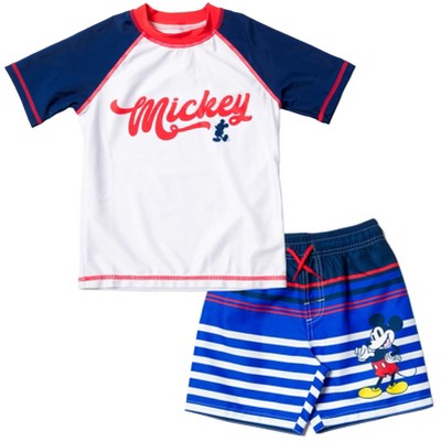 Disney Mickey Mouse Surfboard UPF 50+ Rash Guard shirt & Swim Trunks Outfit Set Toddler