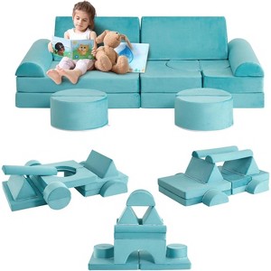 Acekool Modular Kids Play Couch - 15-Piece Set with Soft Velvet Covers, Reconfigurable Shapes for Playrooms & Indoor Fun (Blue) - 1 of 4
