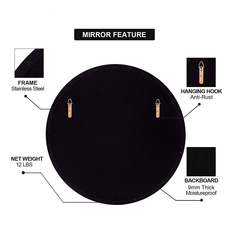 ANDY STAR 30 x 30 Inch Round Shaped Circle Mirror with 2 Millimeter Stainless Steel Metal Frame for Bathroom, Entryway, And Living Room, Matte Black, 4 of 7