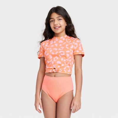 Girls' Cropped Cheetah Tie-Dye Design Short Sleeve Rash Guard Swim Top - art class™ Orange