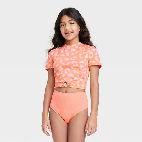 Girls' Cropped Cheetah Tie-dye Design Short Sleeve Rash Guard Swim Top -  Art Class™ Orange : Target