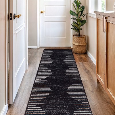 Black and White Synthetic Stripe Runner Rug, 2'7" x 6'