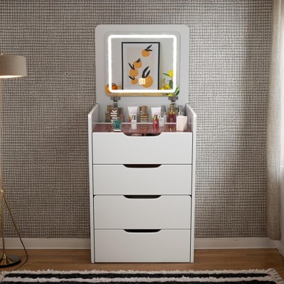GDFStudio Holmen Modern 3 in 1 Vanity Desk with Plip Top Mirror, Makeup Stool and Storage