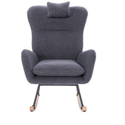 Aukfa Soft Teddy Fabric Rocking Chair w/Pocket - Ergonomic Nursery Glider, Solid Wood Base, 264LB Capacity for Living Room & Bedroom
