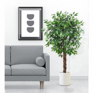6FT Artificial Ficus Tree with Natural Wood Trunk, Fake Ficus Silk Tree In Plastic Nursery Pot, Faux Plant for House Living Room Office Decor - 1 of 4