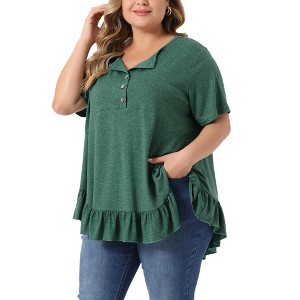Agnes Orinda Women's Plus Size V-Neck Button-up Short Sleeve Ruffled Hem T-Shirts - 1 of 4