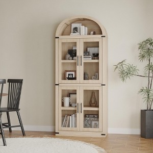 71" Tall Arched Kitchen Pantry Cabinet, Freestanding Cupboard Storage Cabinet, 5 Tier Wood Display Cabinet, Versatile Bookcase, Black Glass Door - 1 of 4