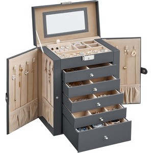 Large 6-Tier Jewelry Box with Mirror & Lock, 5-Drawer Organizer for Watches & Accessories - 1 of 4