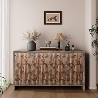 Vynxaria Accent Cabinet Farmhouse Style 4 Door Wooden Cabinet Sideboard Buffet Server Cabinet Storage Cabinet, for Living Room
