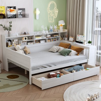 Sapphtopaz Wooden Daybed with Storage Shelves 2-Drawers Storage Study Desk Multi-functional Bedroom Furniture