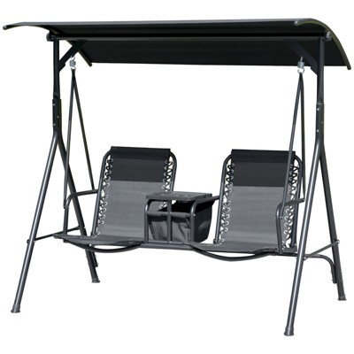 DSVIMOY 2 Person Porch Swing, Outdoor Swing with Canopy, Pivot Storage Table, 2 Cup Holders, Cushions for Patio, Backyard, Black, 69.3"*45.8"*64.5"