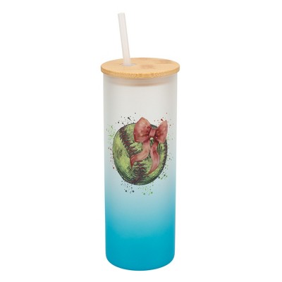 Elanze Designs 25 Ounce Frosted Glass Gradient Travel Tumbler With Straw and Wooden Lid, Softball With Pink Bow Sky Blue