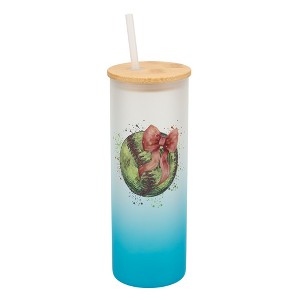 Elanze Designs 25 Ounce Frosted Glass Gradient Travel Tumbler With Straw and Wooden Lid, Softball With Pink Bow Sky Blue - 1 of 1