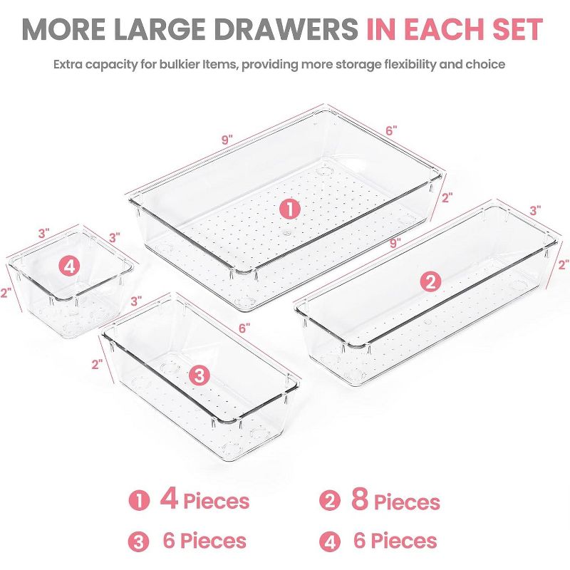 HOUSE DAY Makeup Drawer Trays 4-Type Clear Drawer Organizers with Silicone Pads 17 Pcs, 4 of 6