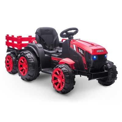 12V Red Kids Ride-On Tractor with Trailer and Dual Motors